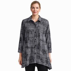 Comfy USA Button Down Shirt/tunic M grey/black Hi/low Lagenlook Art To Wear
